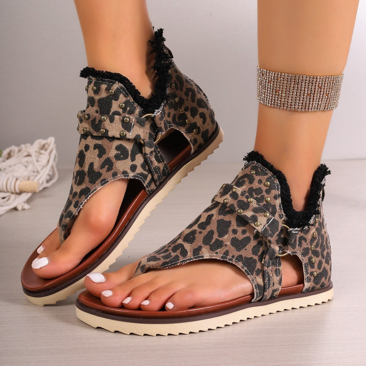 Denim Thong Sandals Rear Zipper Flats