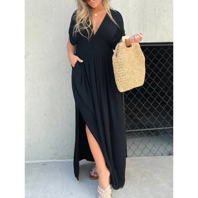 Sommer-Maxikleid mit Fledermausärmeln, V-Ausschnitt und Schlitz