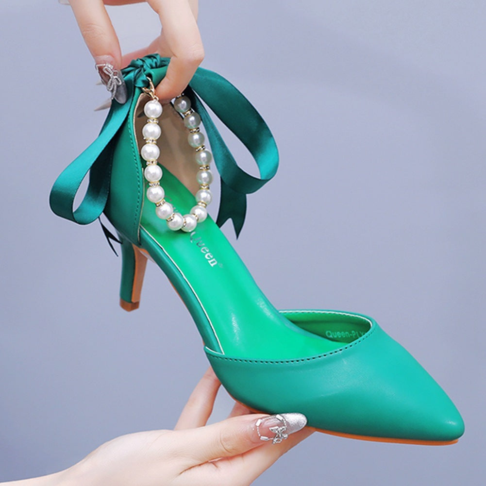 Mid Heel Rhinestone Ribbon Dress Sandals