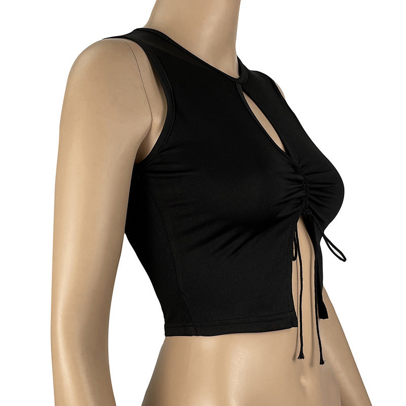 Split Neckline Drawstring Slimming Tight Top