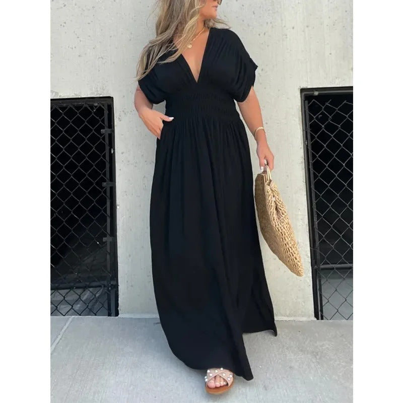 Robe longue d'été fendue à col en V et manches chauve-souris