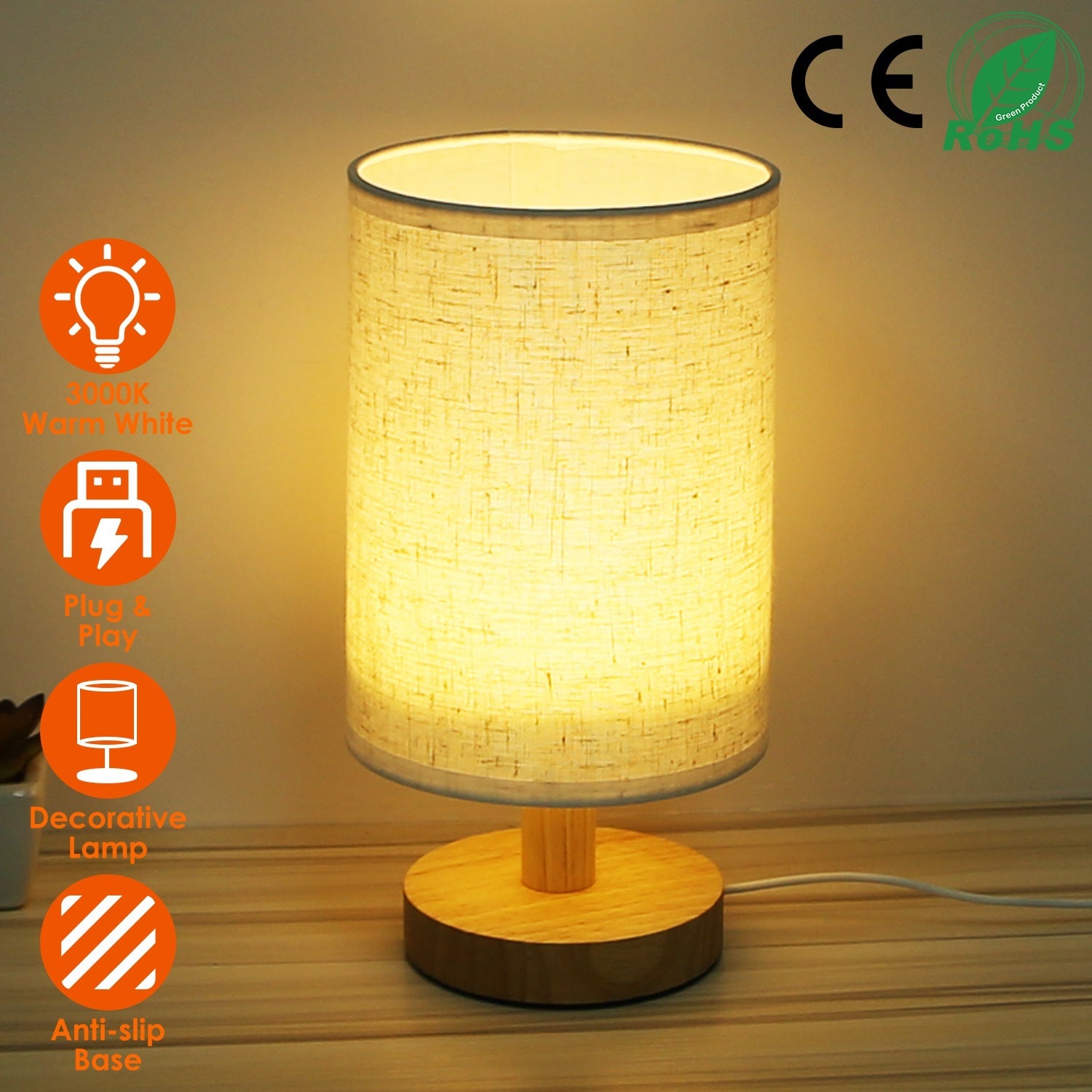 Warm White Bedside Lamp USB Plug