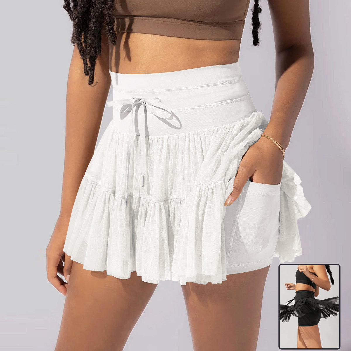 High Waist Lace-Up Sports Skirt with Safety Pants