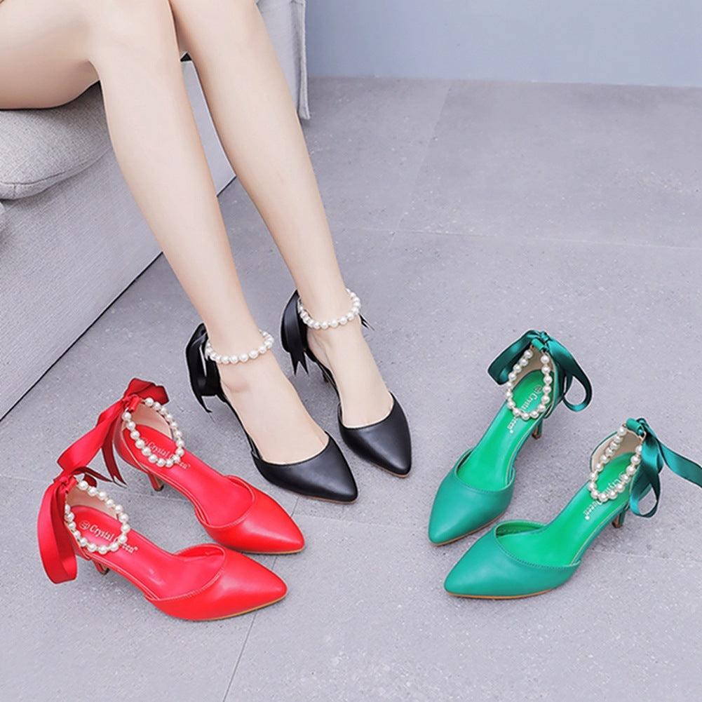 Mid Heel Rhinestone Ribbon Dress Sandals