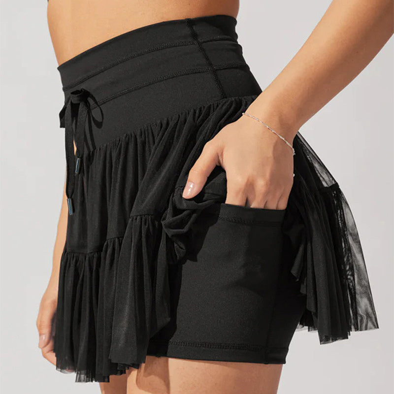 High Waist Lace-Up Sports Skirt with Safety Pants
