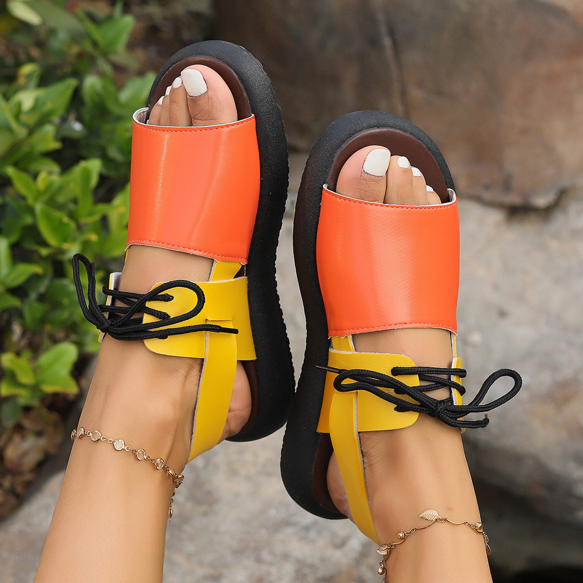 Women’s Color-block Lace-up Roman Sandals