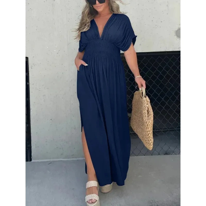 Robe longue d'été fendue à col en V et manches chauve-souris
