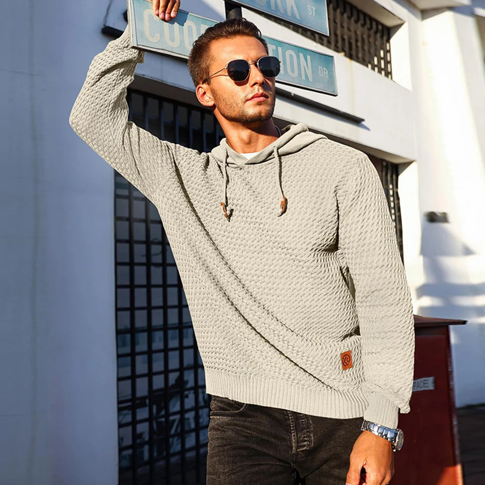Men’s Black Ribbed Knit Casual Hoodie