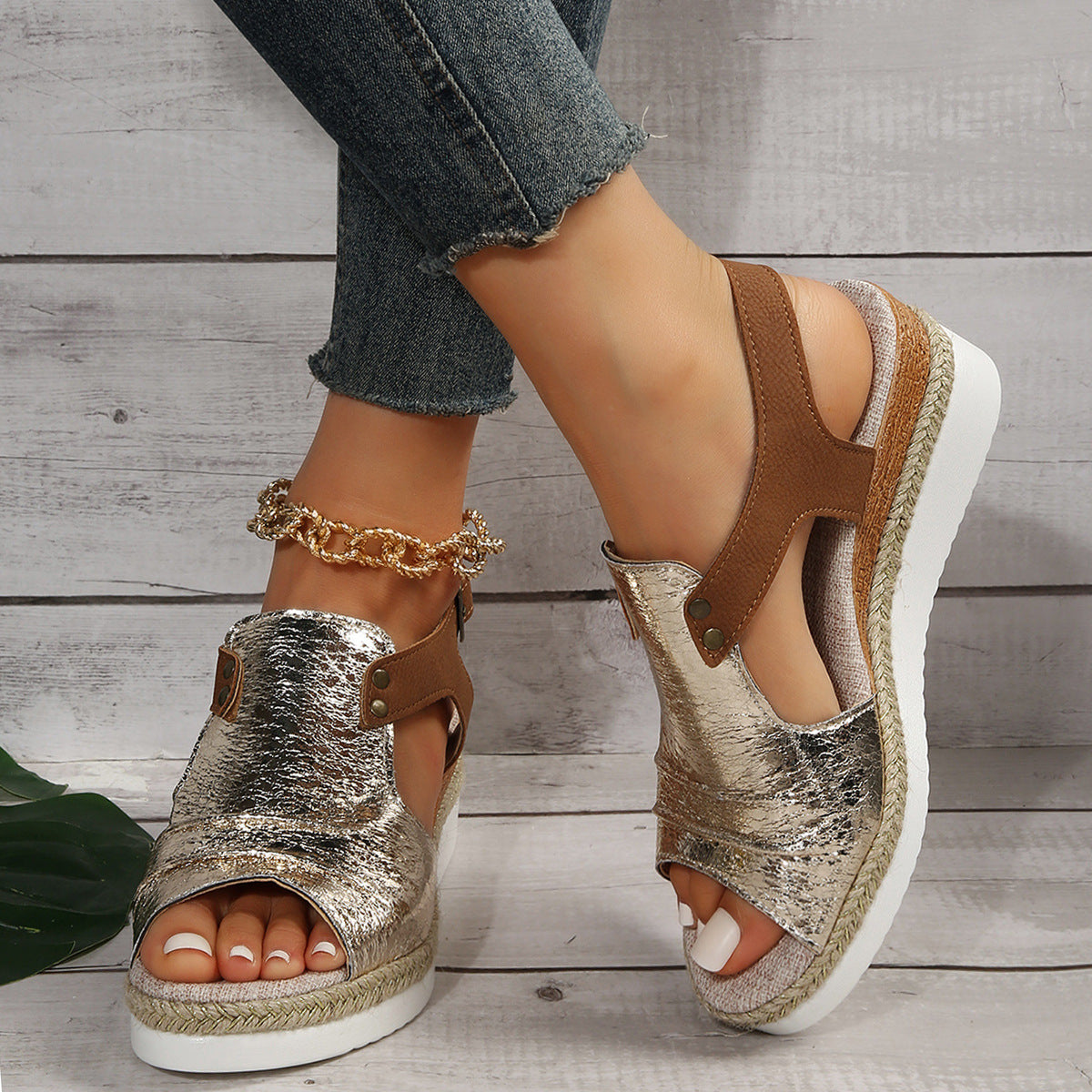Straw Peep Toe Wedge Sandals for Women