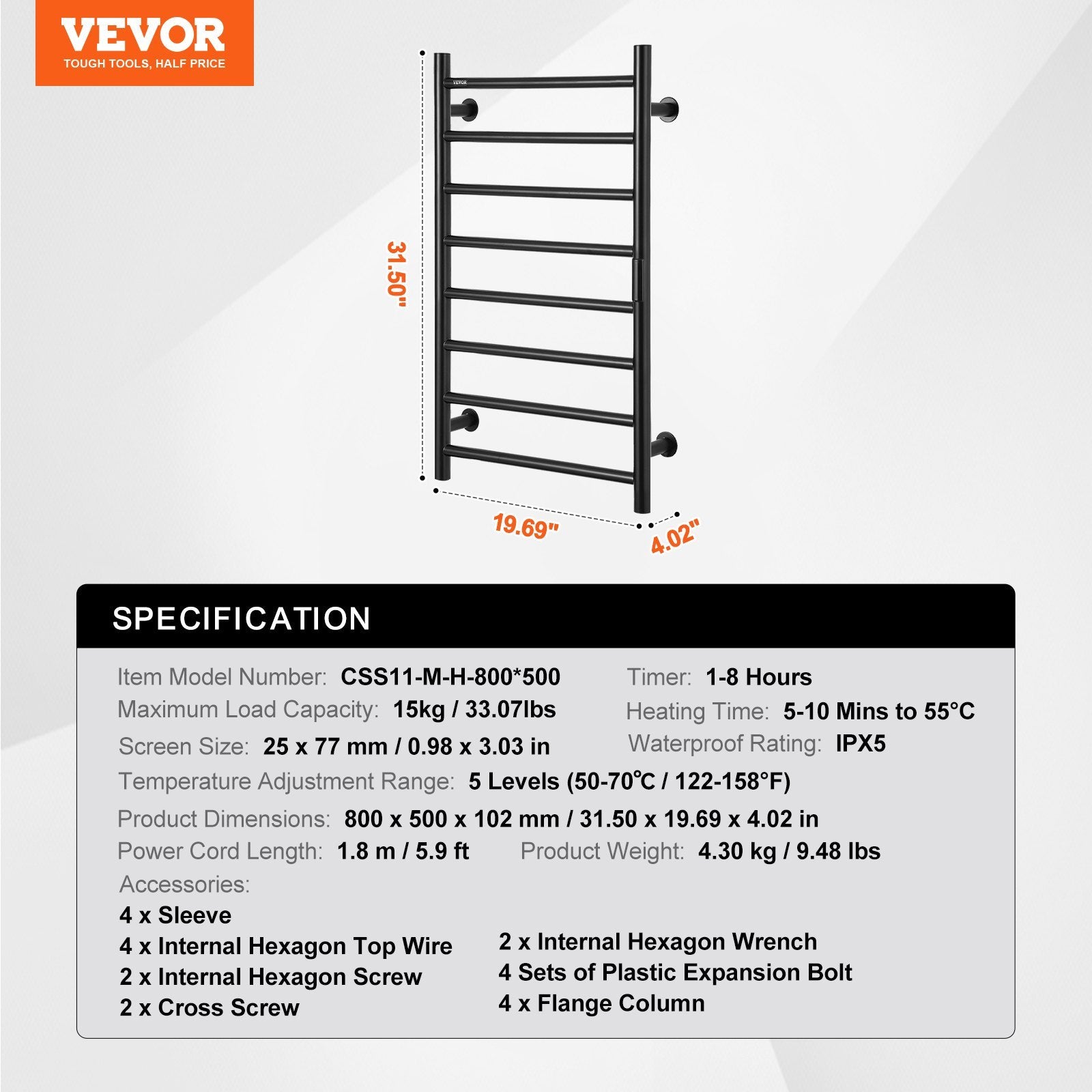 VEVOR 8-Bar Handtuchwärmer zur Wandmontage