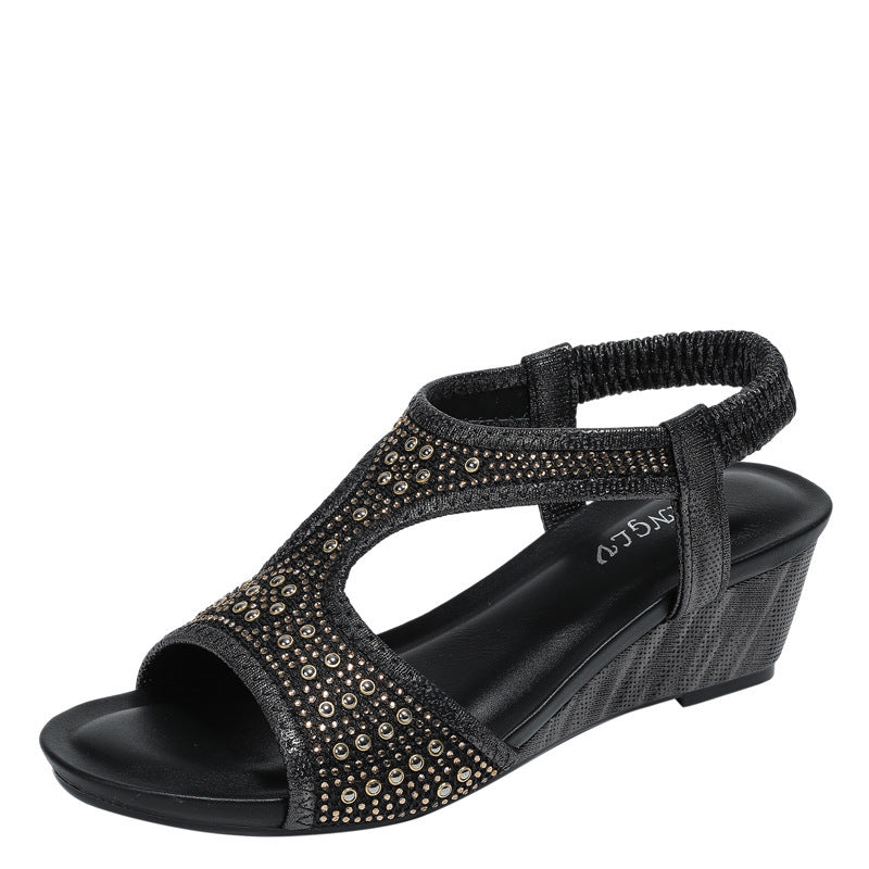 Rhinestone Elastic Wedge Sandals