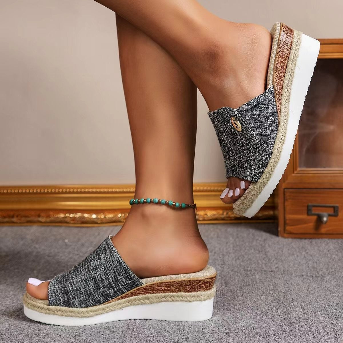 Denim Canvas Hemp Wedge Sandals Women