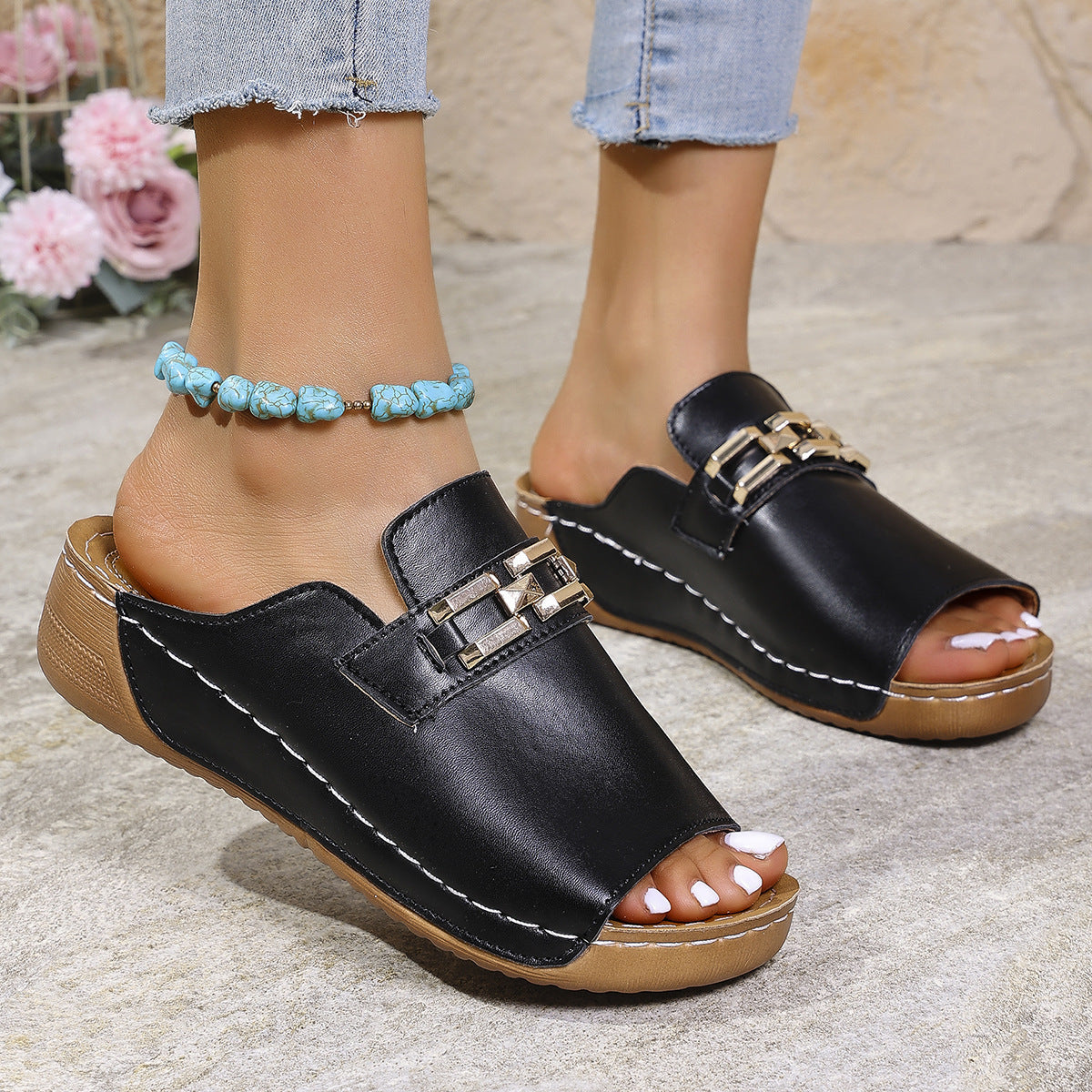 Plus Size Peep Toe Metal Slippers