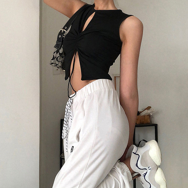 Split Neckline Drawstring Slimming Tight Top