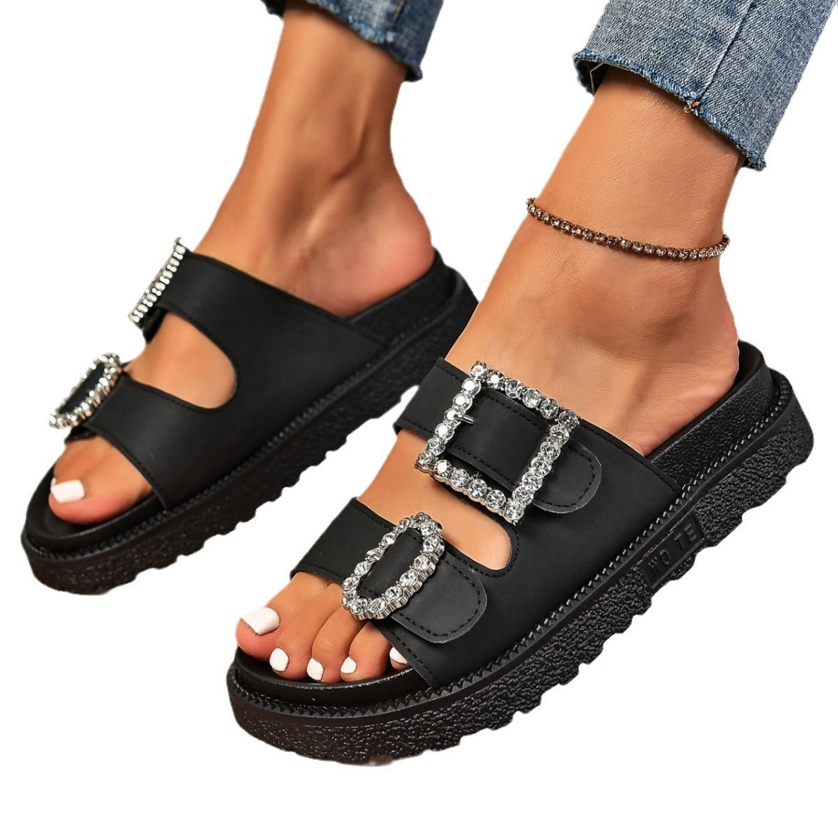 Rhinestone Buckle Platform Sandals