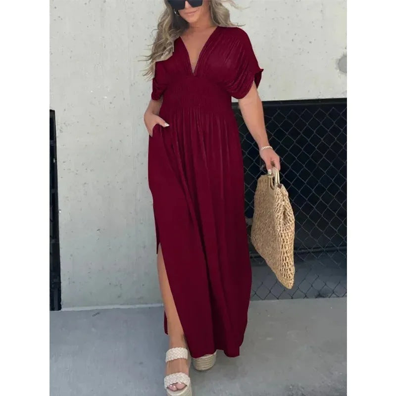 Robe longue d'été fendue à col en V et manches chauve-souris
