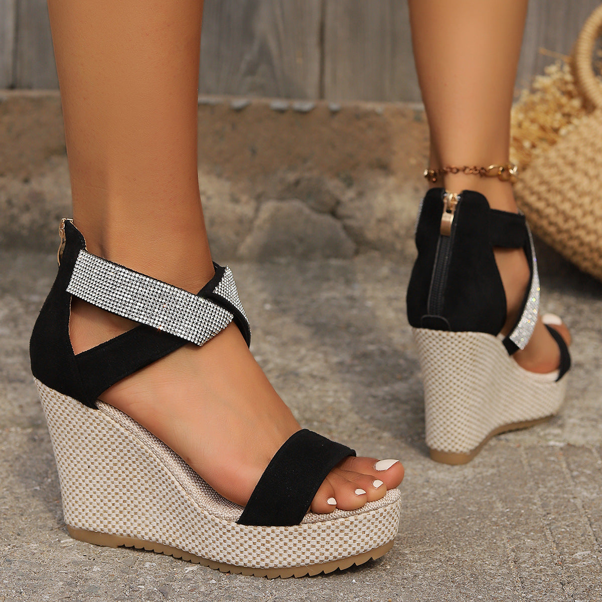 Rhinestone Fish Mouth Wedge Sandals