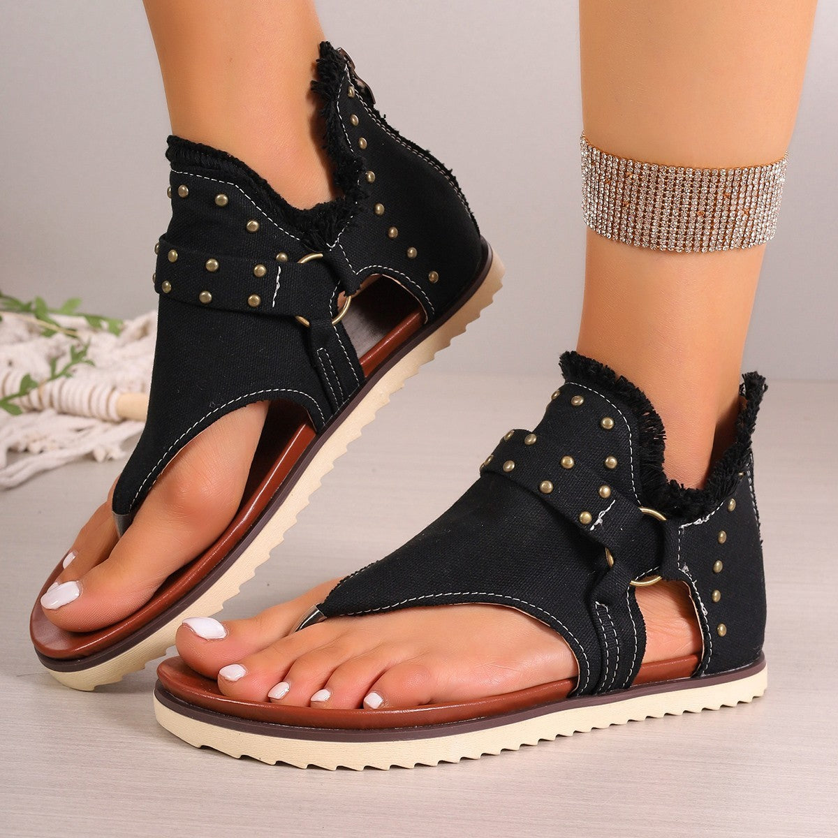 Denim Thong Sandals Rear Zipper Flats