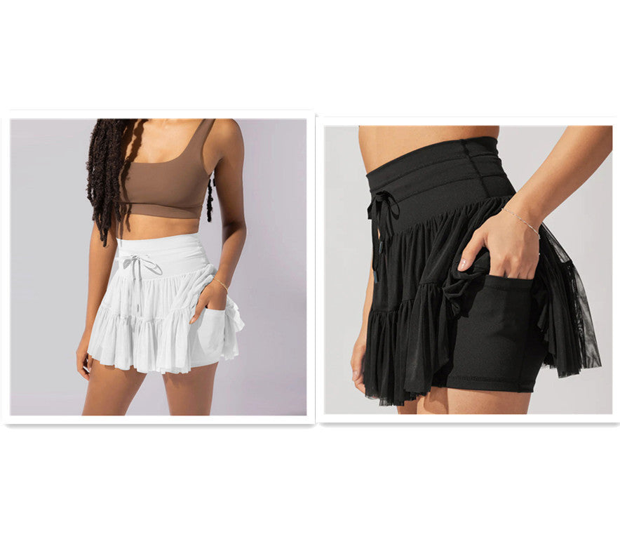 High Waist Lace-Up Sports Skirt with Safety Pants